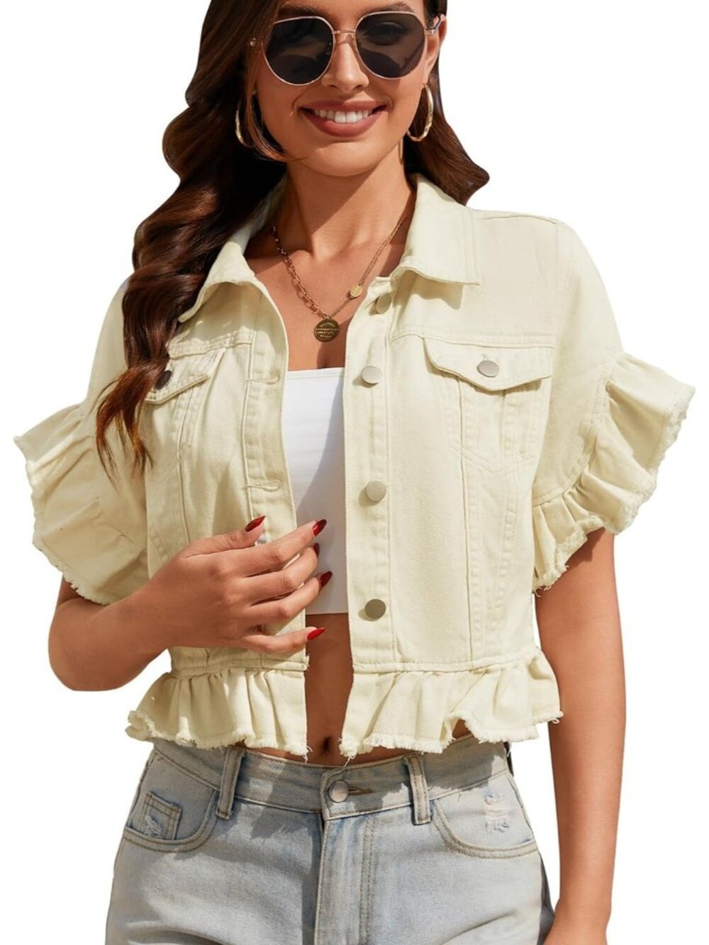 Women's Yellow Ruffle Sleeve Button Down Distressed Summer Denim Jean Jacket